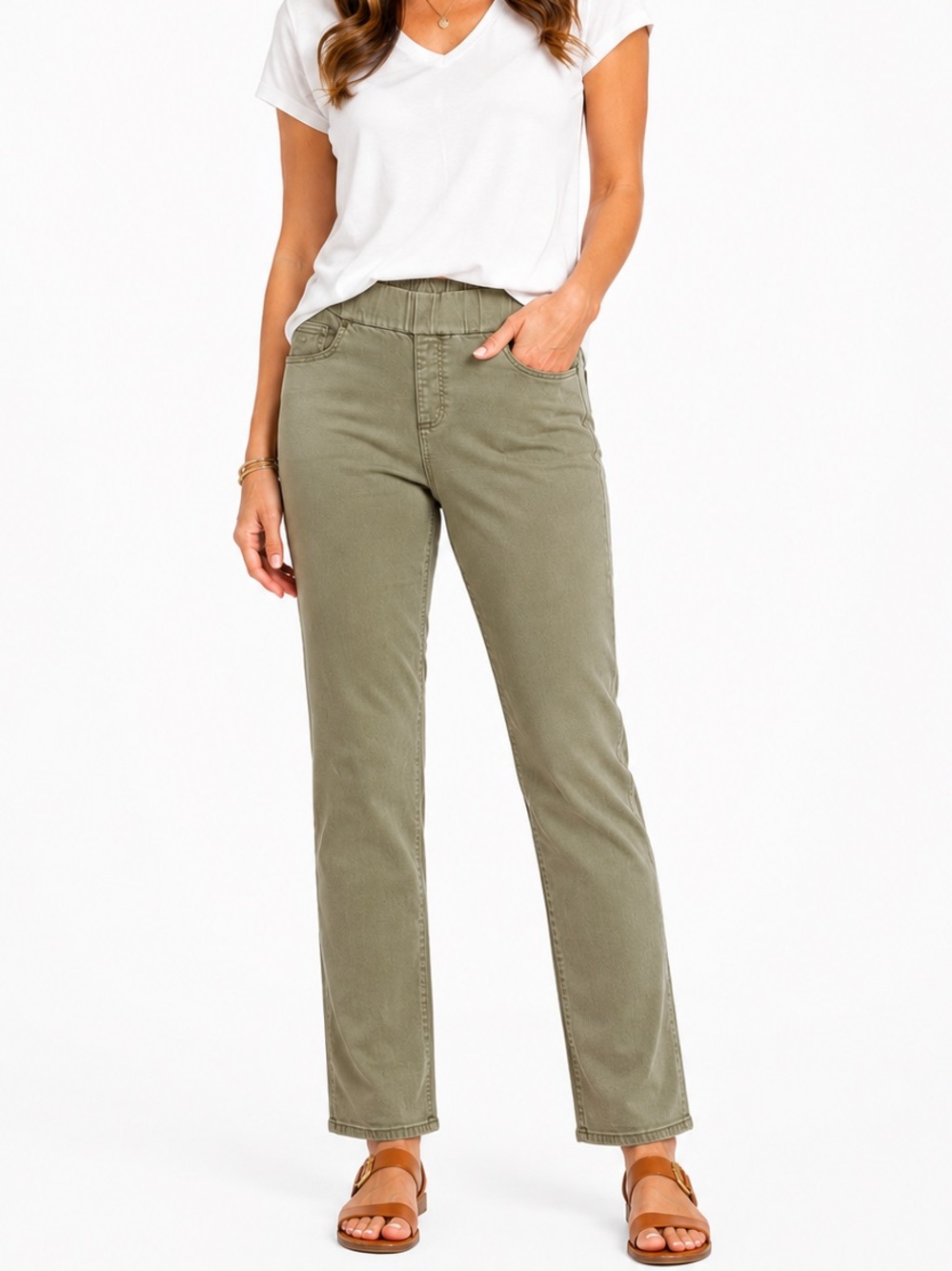 Lands’ End Mid Rise Pull-On Straight Leg Olive Jeans 22W
